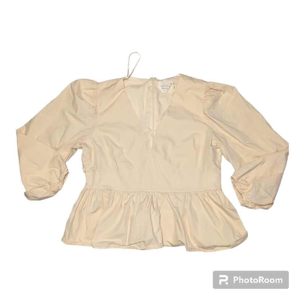 Hyacinth House Women's V-Neck Puff Sleeve Elaine Blouse Color Tan Size XL